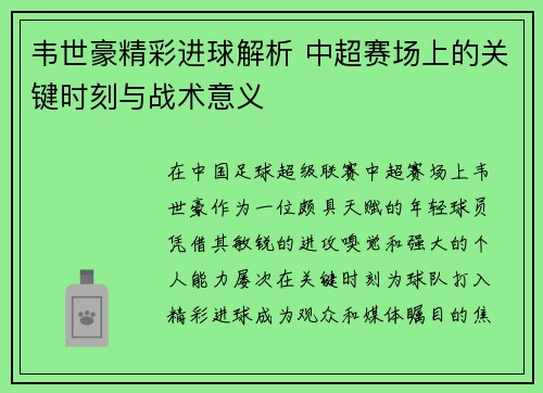 韦世豪精彩进球解析 中超赛场上的关键时刻与战术意义