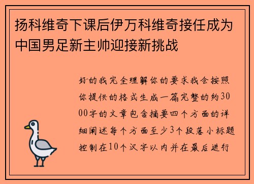 扬科维奇下课后伊万科维奇接任成为中国男足新主帅迎接新挑战